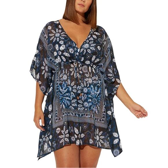 Bleu by Rod Beattie Take a Dip Blue Printed Caftan Cover-Up Size Large NWT - Picture 1 of 10